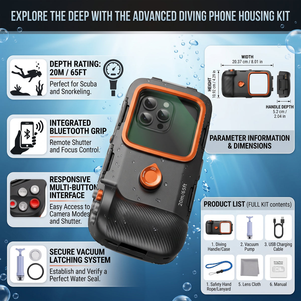 Underwater Phone Housing 20m | Dive Case with Bluetooth Grip
